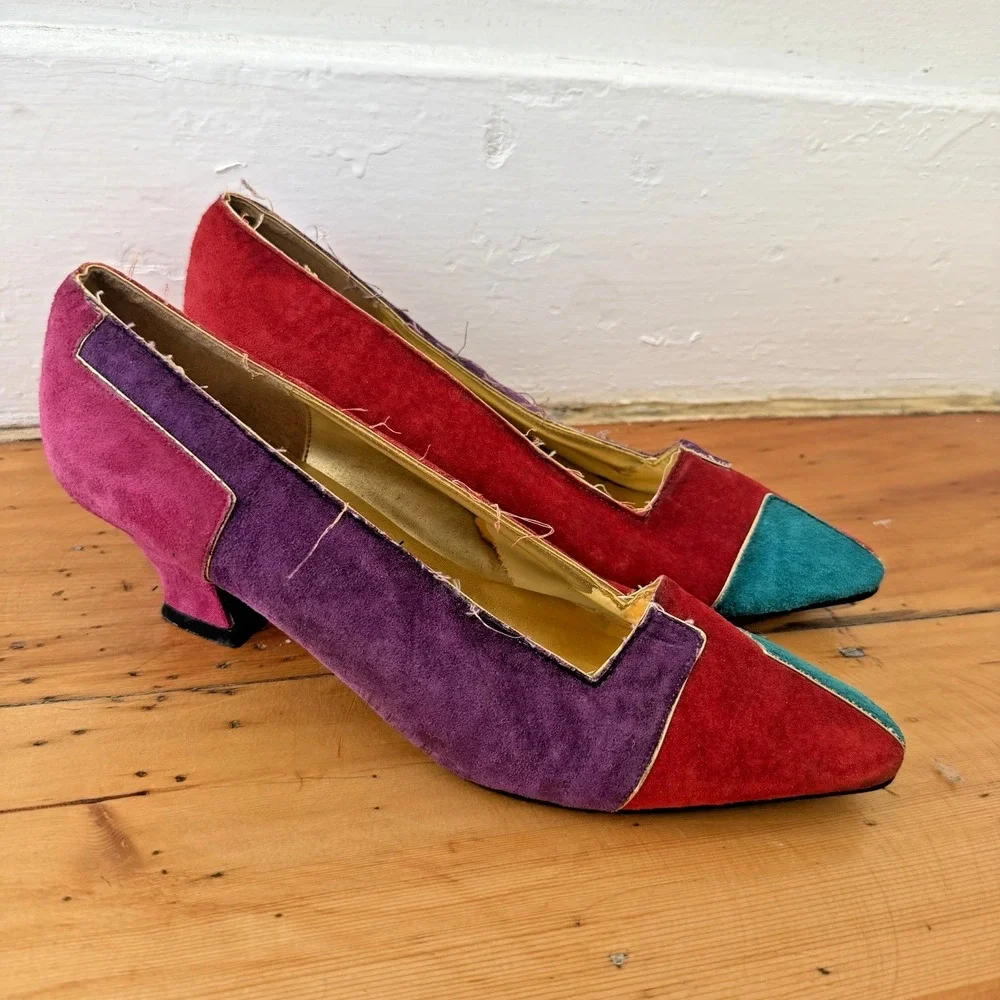 Vtg Multi-Color Retro 80s Colorblock Pumps Heels Pointed Toe‎ Size 10B Mod